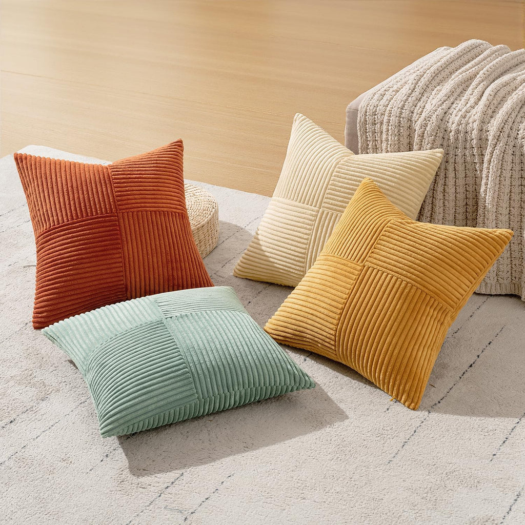 Teal Orange Decorative Throw Pillow Covers 18x18 Inch Set of 4 Boho Corduroy Striped Cushion Cases Modern Farmhouse Patchwork Pillow Cases for Couch Sofa Bedroom Home Decor