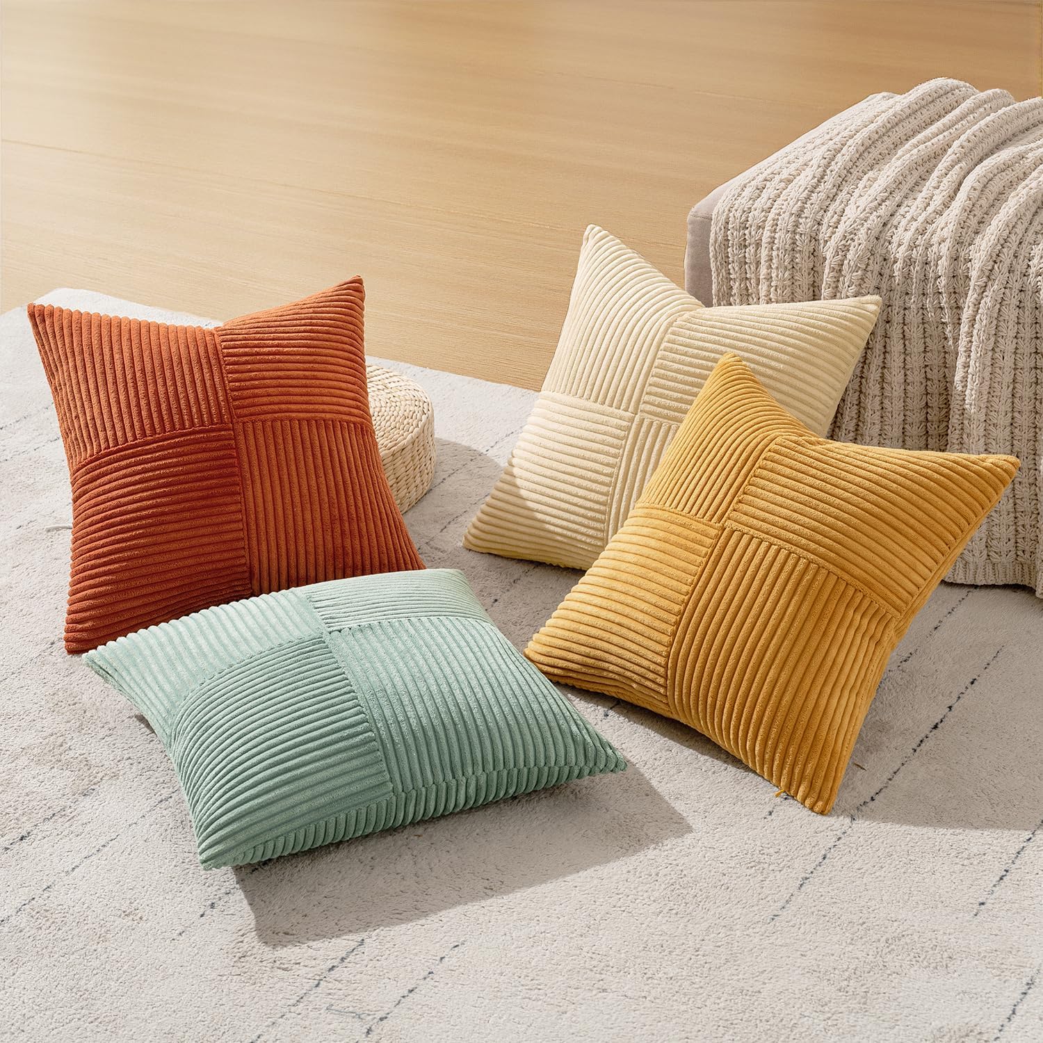 Teal Orange Decorative Throw Pillow Covers 18x18 Inch Set of 4 Boho Corduroy Striped Cushion Cases Modern Farmhouse Patchwork Pillow Cases for Couch Sofa Bedroom Home Decor