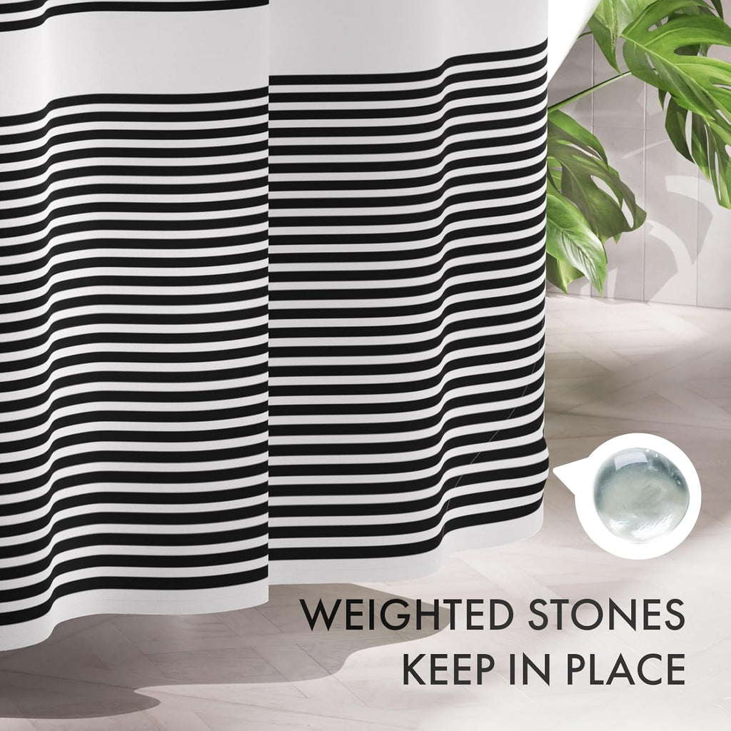 Shower Curtain, Washable Cloth Black Shower Curtain Sets with 12 Shower Curtain Hooks, Fabric Rustic Black and White Striped Curtain, Farmhouse Bathroom Curtains, 72x72 Inches
