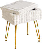 Rectangle Vanity Chair with Storage Space, Footrest Footstool Ottoman, Vanity Stool, Dressing Table Chair, with Anti-Slip Feet, for Makeup Room, Bedroom, Square Grid Pattern, White WBD004W