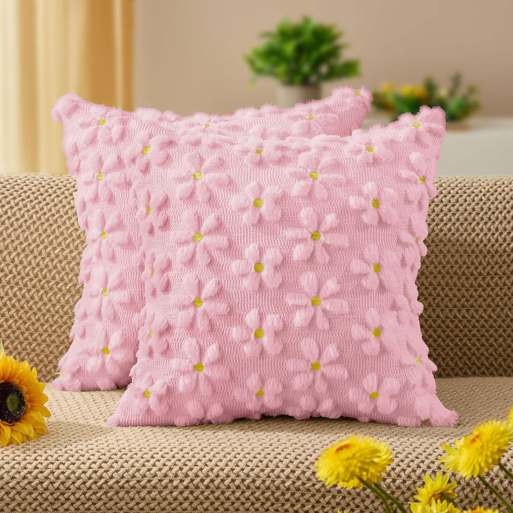 DFXSZ Spring Summer Pillow Covers 18x18 inch Set of 2 Farmhouse Decor Yellow Color Flower Heart Sunflower Soft Plush Faux Fur Jacquard Throw Pillows for Sofa Holiday Spring Home Decor PTK024C18