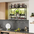 HOOBRO Wall Mounted Wine Rack with LED Light, 31.5" Wine Shelf, 3 Tier Wine Bottle Display Shelf with Glass Holder, Hanging Bar Liquor Storage Rack, for Kitchen, Bar, Rustic Brown and Black BF73DBJ01