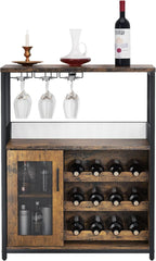 3-Tier Wine Bar Cabinet with Detachable Wine Rack and Storage Space, Buffet Cabinet with Glass Holder and Mesh Door, for Kitchen, Living Room and Bar .Rustic Brown.