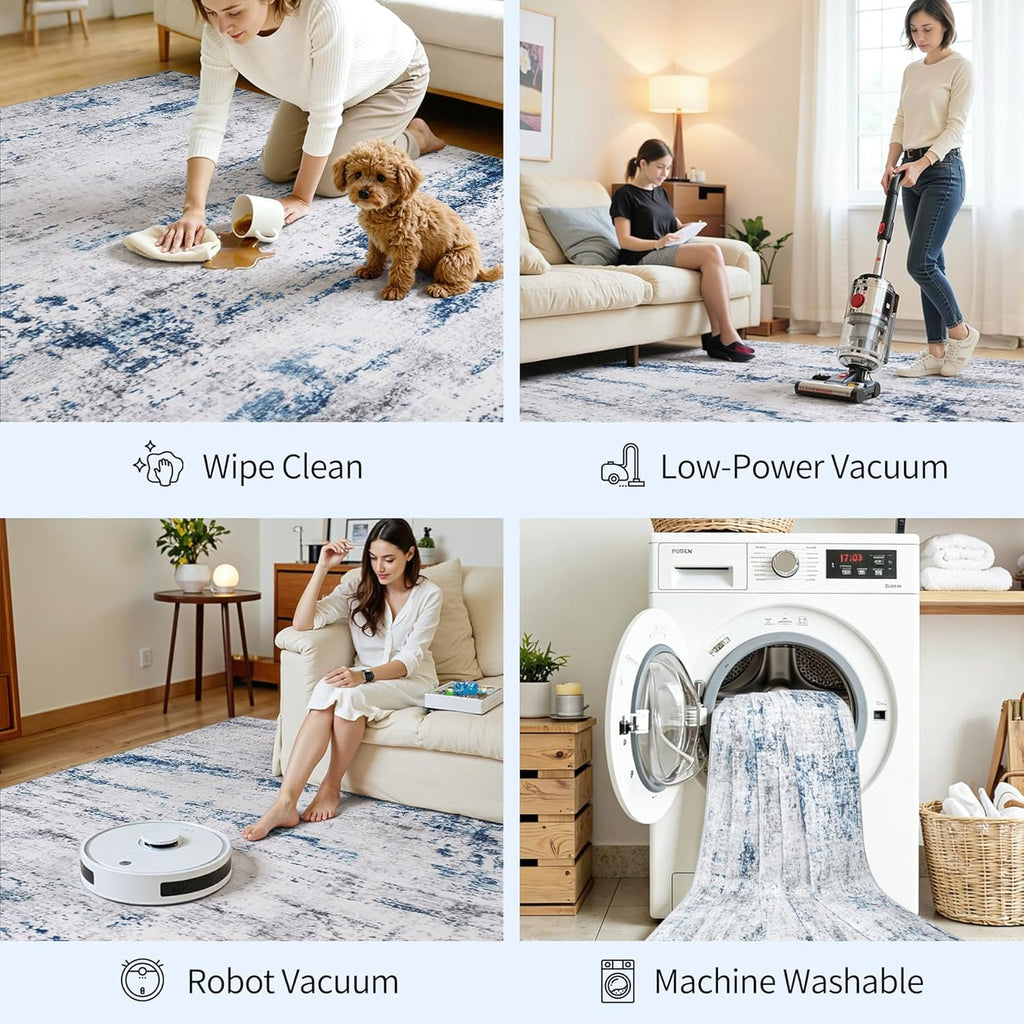 Area Rug Living Room Rugs: 5x7 Large Soft Indoor Carpet Modern Abstract Rug with Non Slip Rubber Backing for Under Dining Table Nursery Home Office Bedroom White Gray Blue