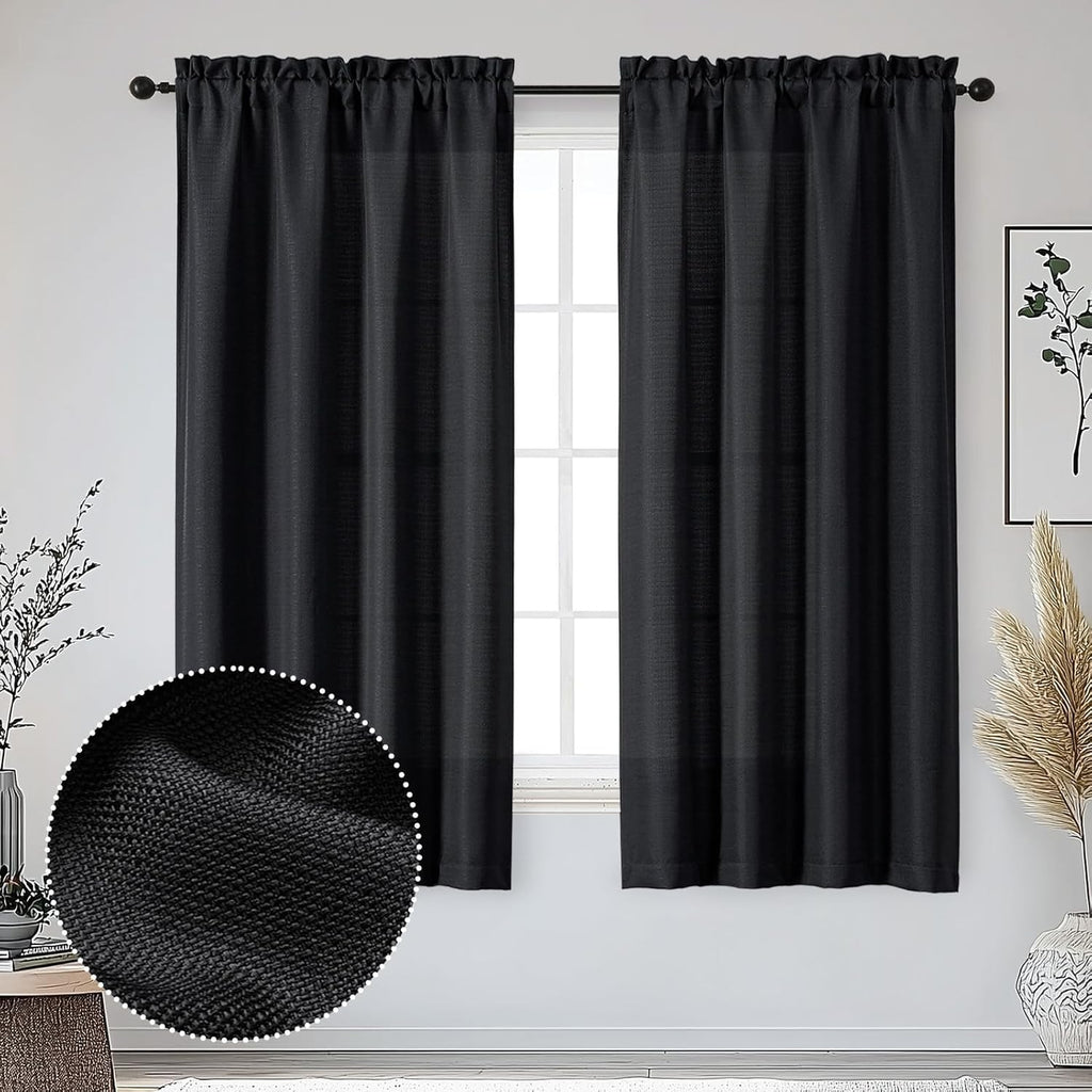Black Curtains 63 Inch Length 2 Panels Set for Living Room Bedroom, Light Filtering Faux Linen Textured Soft Window Curtain, Airy Soft Rod Pocket cortinas para cuarto, 40Wx63L Inches, 2 Pcs