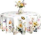 Spring Tablecloth 60 x 60 Inch Round Watercolor Flowers Table Cover Waterproof Wipeable Reusable for Kitchen Restaurant Home Parties Season Decor