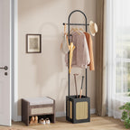 Coat Rack Stand with Wooden Base, Coat Tree Rattan Design, Coat Hanger Stand with 6 Hooks, Small Clothes Rack for Living Room, Bedroom, Office, Black