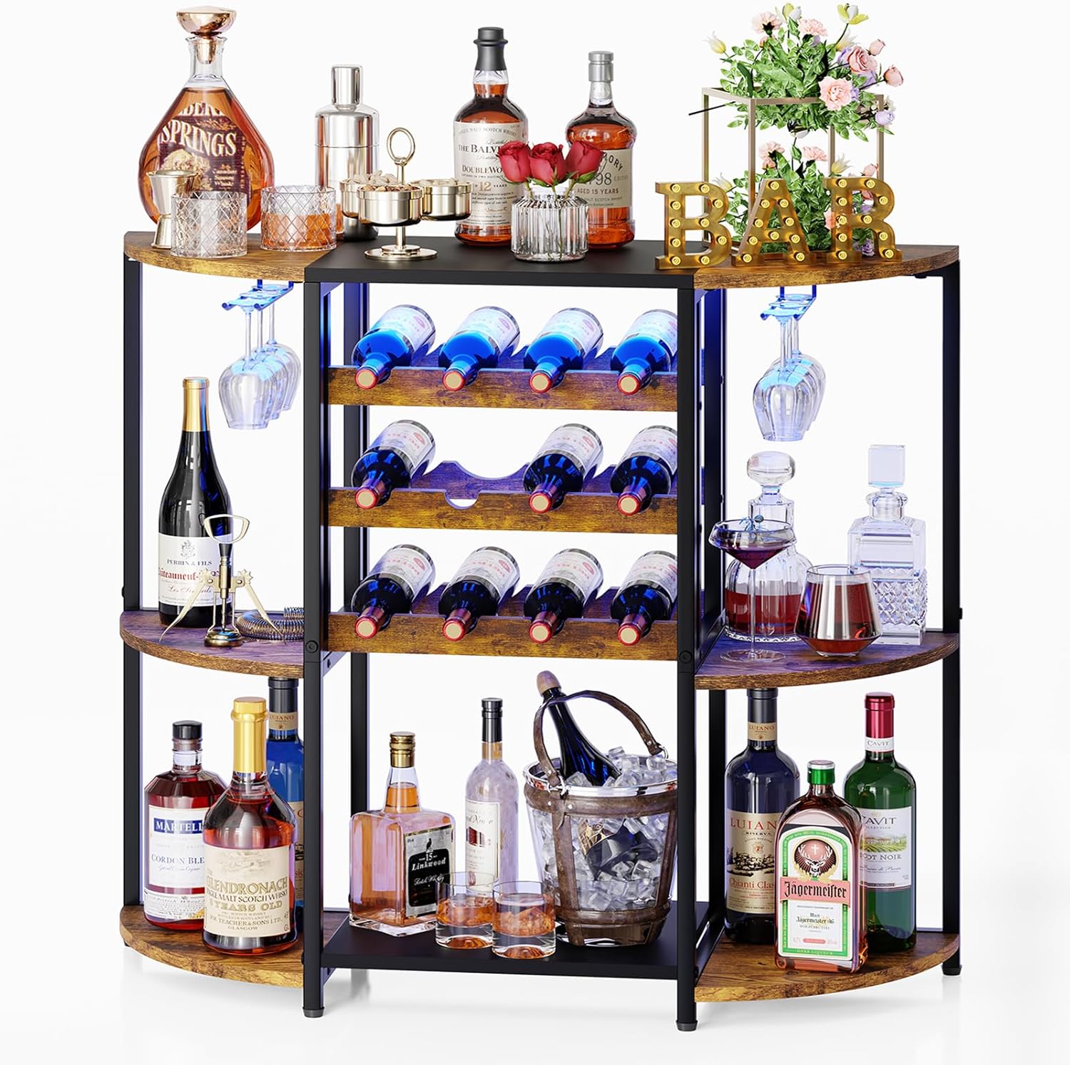 JKsmart Wine Bar Cabinet with LED Lights, Mini Wine Rack with Storage and Glass Holder, Home Bar Cart for Liquor, 3-Tier Bar Table for Kitchen, Dining Room, Living Room, Rustic Brown