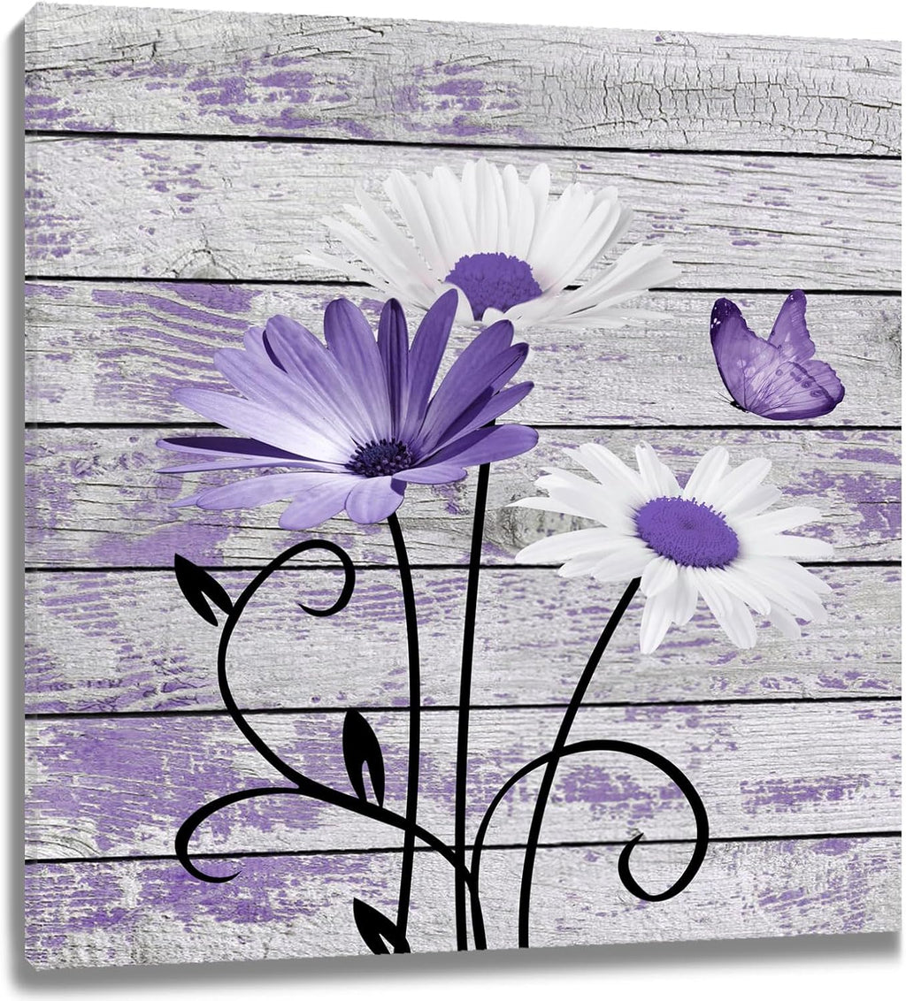 Farmhouse Floral Wall Art for Living Room, Blue and White Daisy Flower and Butterfly on Rustic Wood Board Canvas Wall Art Framed Artwork Ready to Hang for Bathroom Bedroom Decor, 16L X 12W