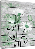 Farmhouse Floral Wall Art for Living Room, Blue and White Daisy Flower and Butterfly on Rustic Wood Board Canvas Wall Art Framed Artwork Ready to Hang for Bathroom Bedroom Decor, 16L X 12W