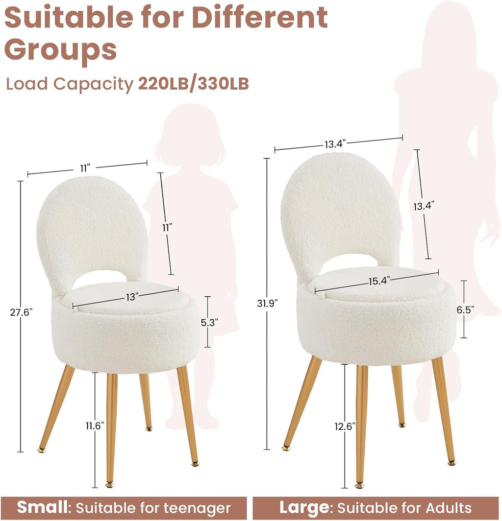 Small Vanity Stool Chair with Storage and Folding Back,4 Metal Legs with Anti-Slip Feet,Round Ottoman with Velvet Seat, Furry Padded Seat for Makeup, Bedroom (Black, Small)