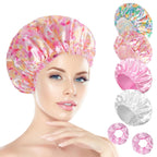 Shower Cap for Women Set of 4, Bath Caps, Double Layers Hair Caps + 2 Satin Hair Scrunchies, Reusable Waterproof Shower Caps, Elastic Hair Cap for Shower - Pattern A