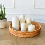 13.8 inch Round Rattan Tray, Decorative Coffee Table Tray, Ottoman Tray, Woven Serving Tray with Handles, Wicker Serving Basket, Whitewash
