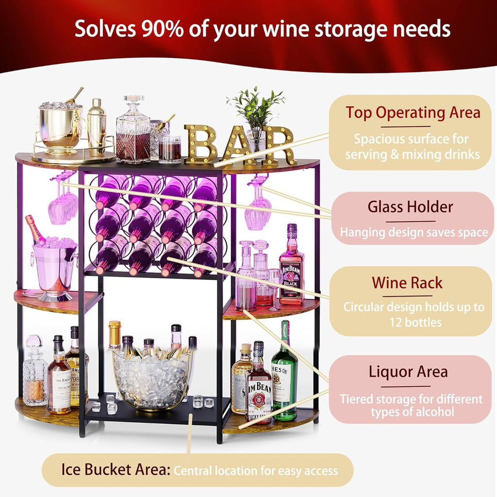 JKsmart Wine Bar Cabinet with LED Lights, Mini Wine Rack with Storage and Glass Holder, Home Bar Cart for Liquor, 3-Tier Bar Table for Kitchen, Dining Room, Living Room, Rustic Brown