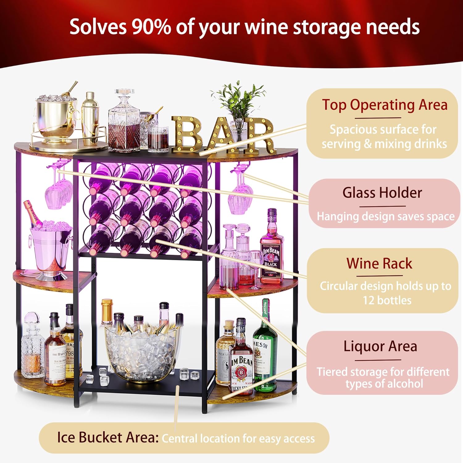 JKsmart Wine Bar Cabinet with LED Lights, Mini Wine Rack with Storage and Glass Holder, Home Bar Cart for Liquor, 3-Tier Bar Table for Kitchen, Dining Room, Living Room, Rustic Brown