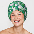 Luxury Shower Cap for Women Reusable Waterproof, Double Layered Shower Hair Cap with Adjustable Elastic Strap, Large Satin Lined Shower Bath Cap for Long Curly Straight Hair, Blue