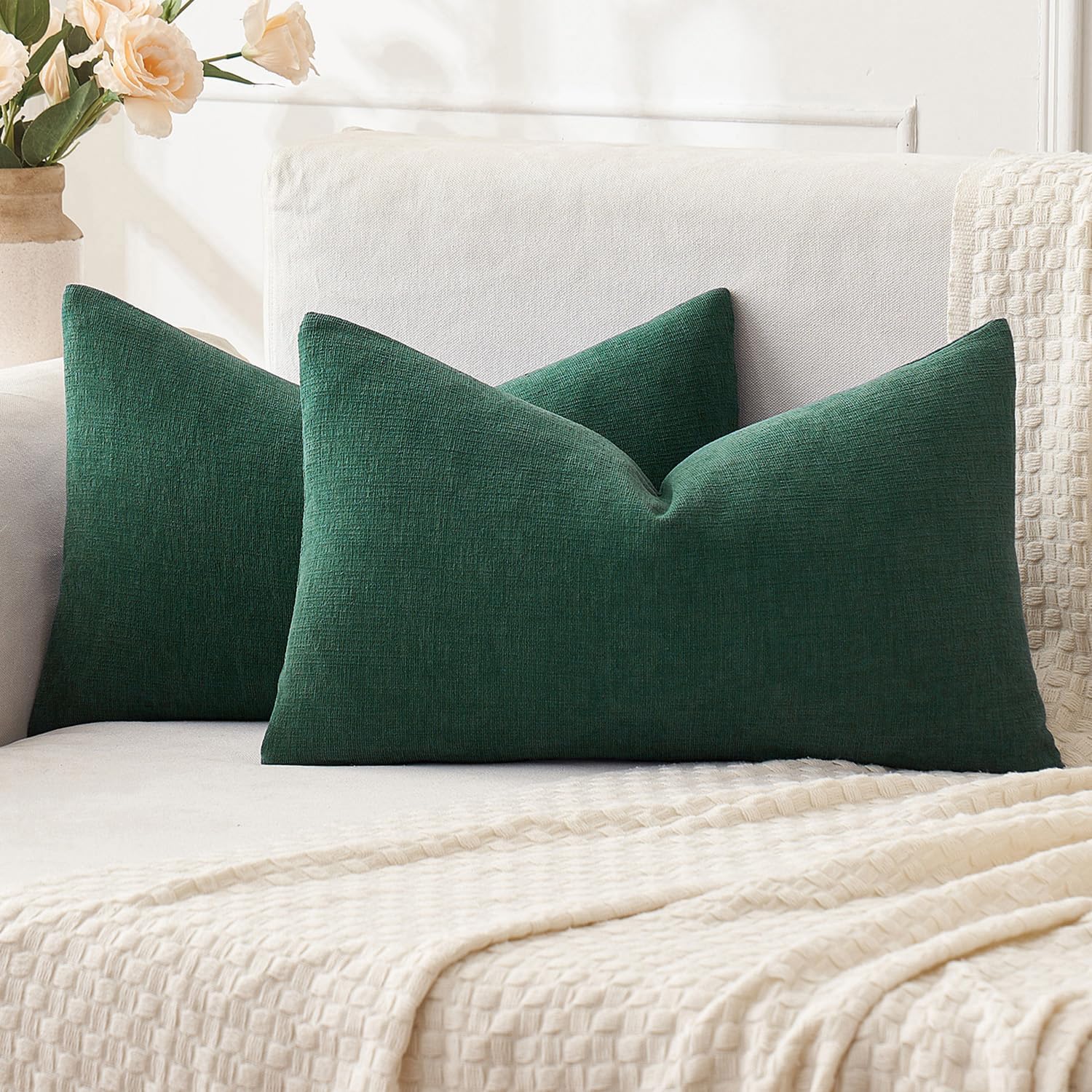 Olive Green Couch Pillow Covers 18x18 Inch, Set of 2 Soft Chenille Decorative Square Throw Pillow Covers Farmhouse for Sofa Living Room Bed