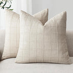 Foindtower Set of 2 Decorative Linen Check Throw Pillow Covers Neutral Farmhouse Vintage Cushion Covers Modern Boho Home Decor for Sofa Chair Couch Bedroom Living Room,18×18 Inch,Natural Beige