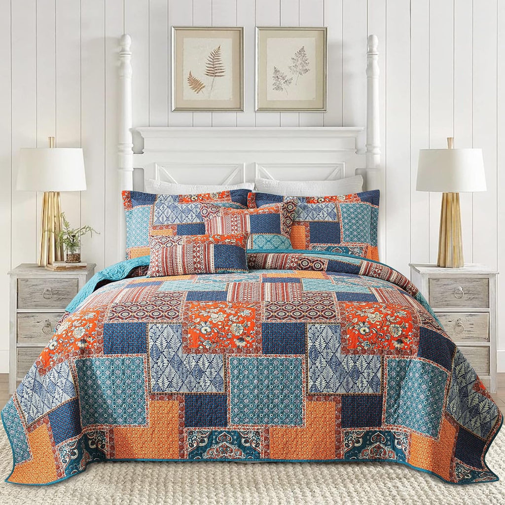 Farmhouse Cotton Quilts Queen Size for Fall - Lightweight Patchwork Autumn Bedspread Set for Bed Coverlet - Highly-Woven Soft Reversible Bed Spread for All Seasons (Floral Orange) 3 Pieces