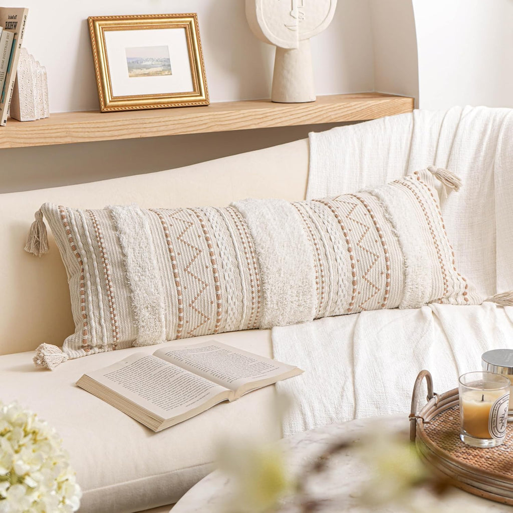 BlissBlush 14x36 Lumbar Pillow Cover for Bed, Rectangular Long Decorative Throw Pillowcase, Boho Accent Cushion with Tufted Pattern and Tassels, Cream Beige Neutral (Cover Only)