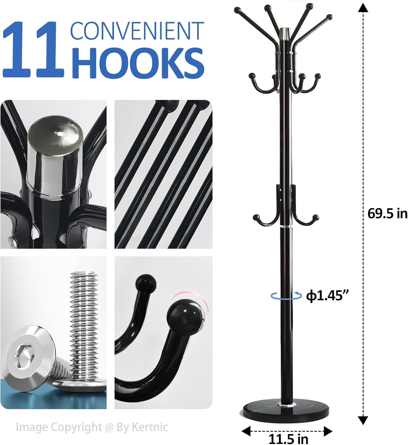 Modern Coat Rack Freestanding with Natural Marble Base & Sturdy Metal Frame, 11 Hooks Hall Tree for Jackets, Hats, Bags, Entryway Organizer for Bedroom, Living Room, Closet (11 hooks-Black)