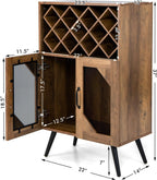 Giantex Farmhouse Wine Bar Cabinet, 11 Bottles Rack, Buffet Cabinet with Storage, Industrial Kitchen Sideboard, Anti-Tipping Design, 2 Doors, Glass Holder, for Living Room (Brown & Black)
