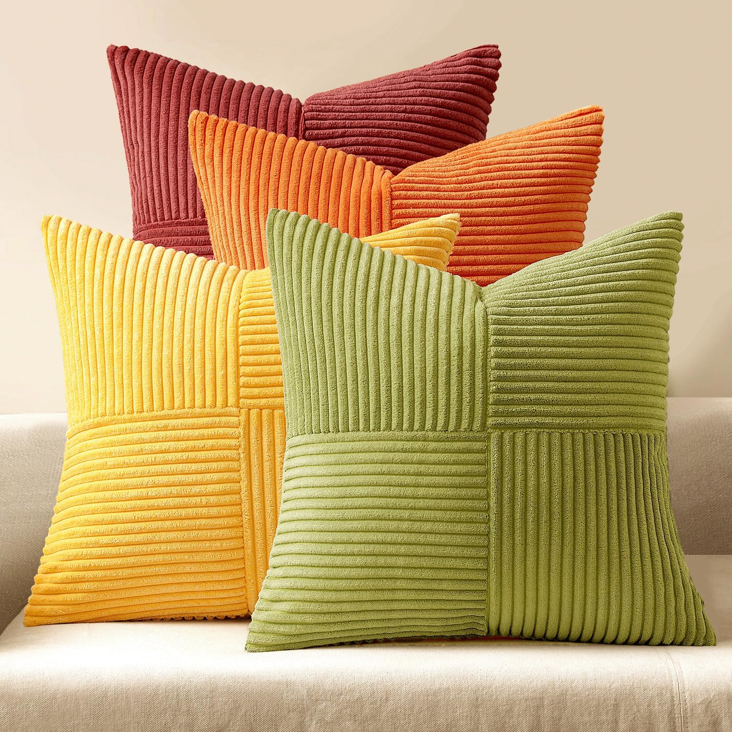 Teal Orange Decorative Throw Pillow Covers 18x18 Inch Set of 4 Boho Corduroy Striped Cushion Cases Modern Farmhouse Patchwork Pillow Cases for Couch Sofa Bedroom Home Decor