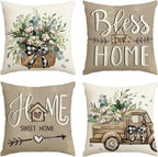 colorlife Bless Our Home Farmhouse Eucalyptus Leaves Throw Pillow Covers, 18 x 18 Inch Truck Home Sweet Home Cushion Case Decorations Set of 4