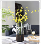 Wood Glass Vase, 10" H, Wooden Base Cylindrical Flower Vase, Classic Boho Rustic Style for Fireplace Bedroom Kitchen Living Room Centerpieces Office Desk
