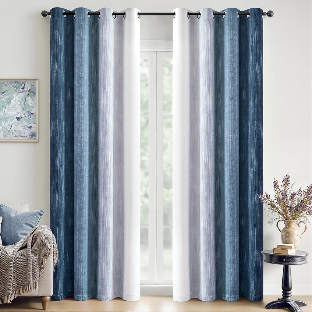 Ombre 100% Blackout Curtains, Navy Blue and Greyish White Full Room Darkening Thermal Insulated 84 Inches Long Drapes for Bedroom/Living Room Grommet Window Treatments Modern 52Wx84L, Set of 2