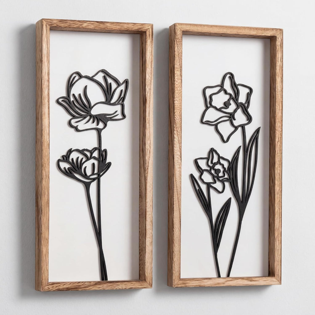 3D Floral Green Wall Art (Set of 2) Lightweight, Wooden Ready-to-Hang Boho Framed Wall Art for Bathroom, Bedroom, Living Room or Office – Premium Sage Green Farmhouse Decor – Gift-Boxed