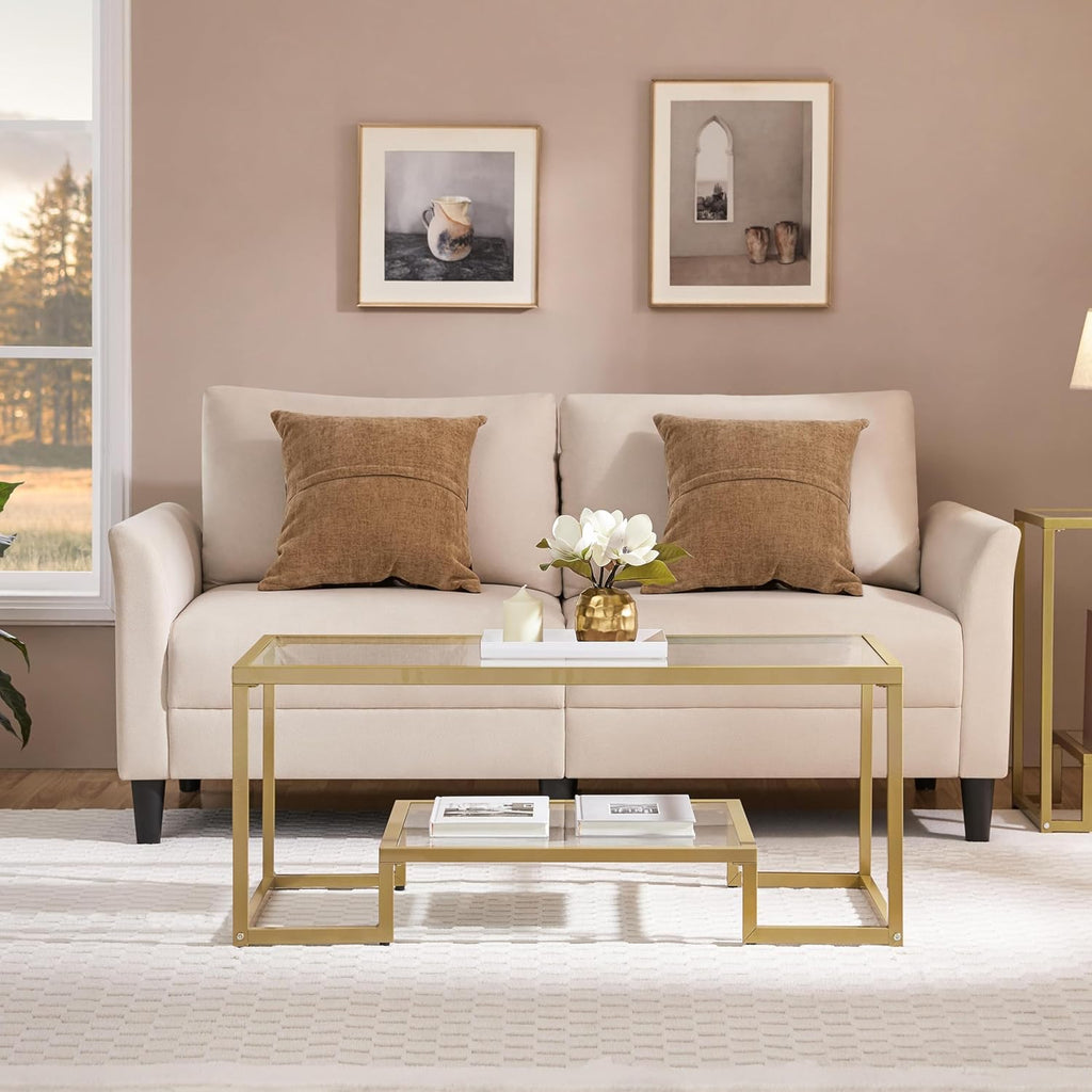 Yaheetech Gold Coffee Table, 42" Rectangular Glass Coffee Table for Living Room, 2-Tier Living Room Tables with Storage Center Tea Tables with Metal Frame for Small Space, Apartment, Office