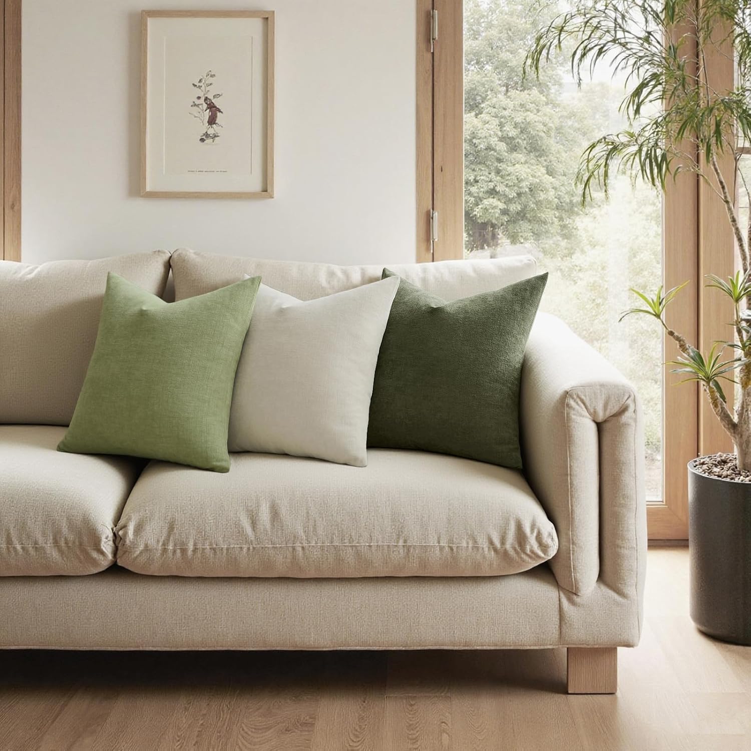 Olive Green Couch Pillow Covers 18x18 Inch, Set of 2 Soft Chenille Decorative Square Throw Pillow Covers Farmhouse for Sofa Living Room Bed