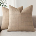 Foindtower Set of 2 Decorative Linen Check Throw Pillow Covers Neutral Farmhouse Vintage Cushion Covers Modern Boho Home Decor for Sofa Chair Couch Bedroom Living Room,18×18 Inch,Natural Beige