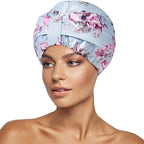 Luxury Shower Cap for Women Reusable Waterproof, Double Layered Shower Hair Cap with Adjustable Elastic Strap, Large Satin Lined Shower Bath Cap for Long Curly Straight Hair, Blue