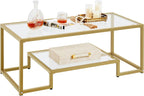 Yaheetech Gold Coffee Table, 42" Rectangular Glass Coffee Table for Living Room, 2-Tier Living Room Tables with Storage Center Tea Tables with Metal Frame for Small Space, Apartment, Office