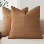 Foindtower Set of 2 Decorative Linen Check Throw Pillow Covers Neutral Farmhouse Vintage Cushion Covers Modern Boho Home Decor for Sofa Chair Couch Bedroom Living Room,18×18 Inch,Natural Beige