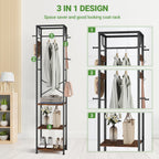 Coat Rack Freestanding, Hall Tree with 3 Storage Shelves and 12 Hooks, Industrial Clothes Rack Stand Organizer for Bedroom, Hallway, Entryway, Office, Living Room, Rustic Brown