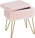 Vanity Stool Chair Faux Fur with Storage, 15.7"L x 11.8"W x 19.4"H Soft Ottoman 4 Metal Legs with Anti-Slip Feet, Furry Padded Seat, Modern Multifunctional Chairs for Makeup, Bedroom White