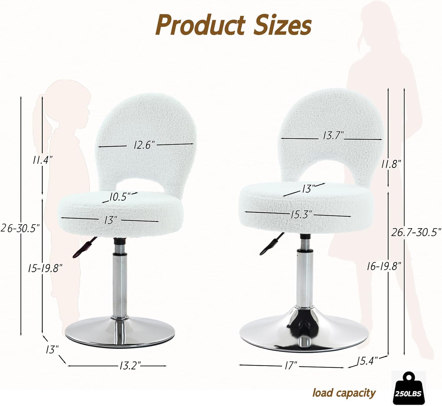 Small Vanity Chair, 360 Swivel Vanity Stool with Folding Back for Teenager, Comfy Teddy Ottoman Stool for Bedroom, Dressing Room, Teddy Fabric, White