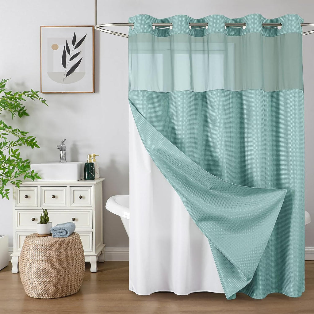 No Hook Waffle Shower Curtain with Snap in Fabric, Waterproof Shower Curtains with See Through Top Window, Hotel Luxury Heavy Duty Bathroom Curtain and Liner Set, 72'' x 75'', Black